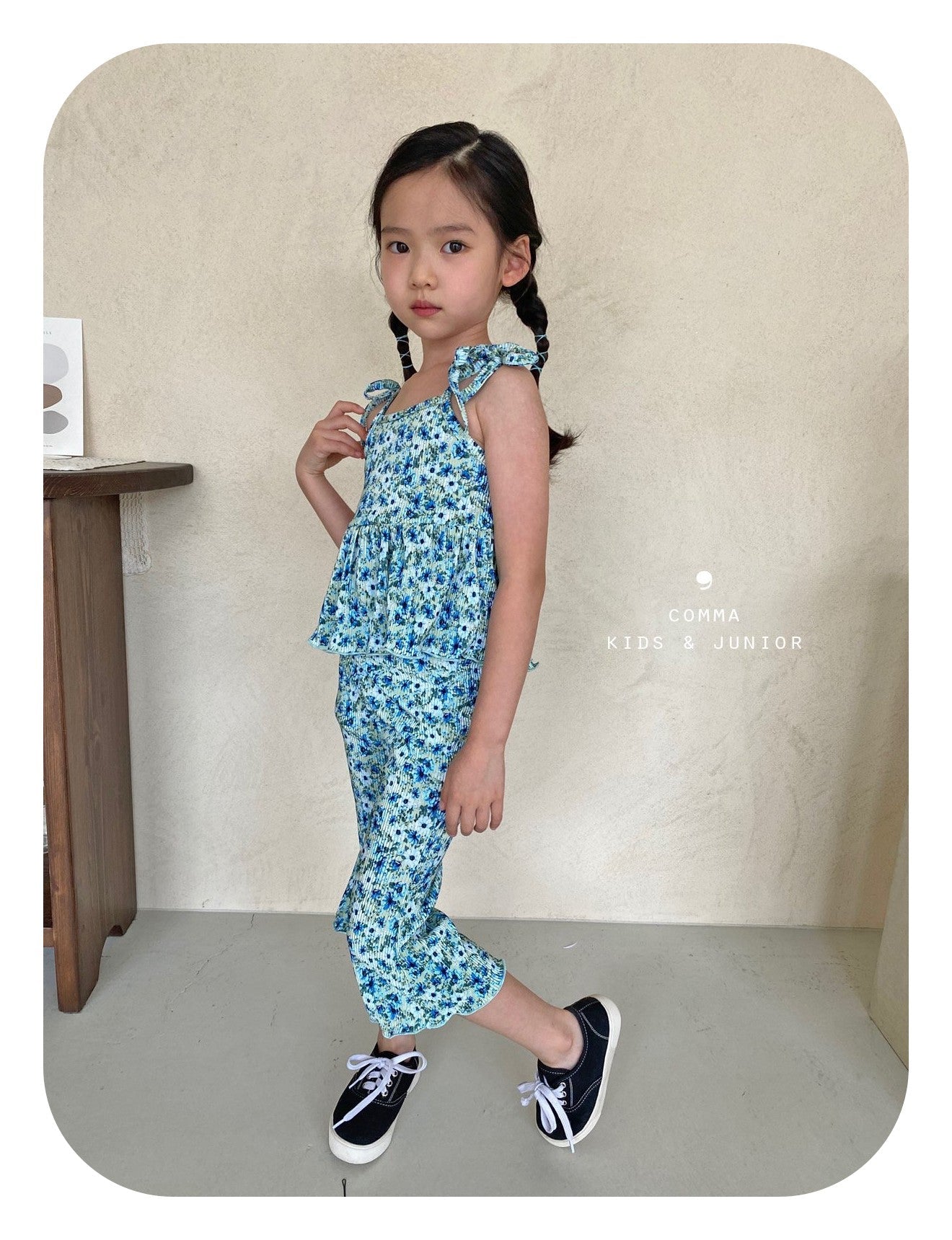 【注文後取り寄せ】韓国子供服 Comma 女の子 子供服 フラワープリーツセットアップ 2色 80-150サイズ